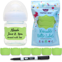 Green Stretchy Bear Reusable Baby Bottle Labels | 6 Pieces and Dry Erase Marker