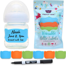 Blue/Green/Orange Stretchy Bear Reusable Baby Bottle Labels | 6 Pieces and Dry Erase Marker