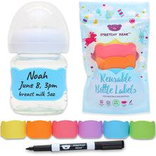 Multi-Color Stretchy Bear Reusable Baby Bottle Labels | 6 Pieces and Dry Erase Marker