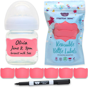 Pink Stretchy Bear Reusable Baby Bottle Labels | 6 Pieces and Dry Erase Marker