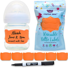 Orange Stretchy Bear Reusable Baby Bottle Labels | 6 Pieces and Dry Erase Marker