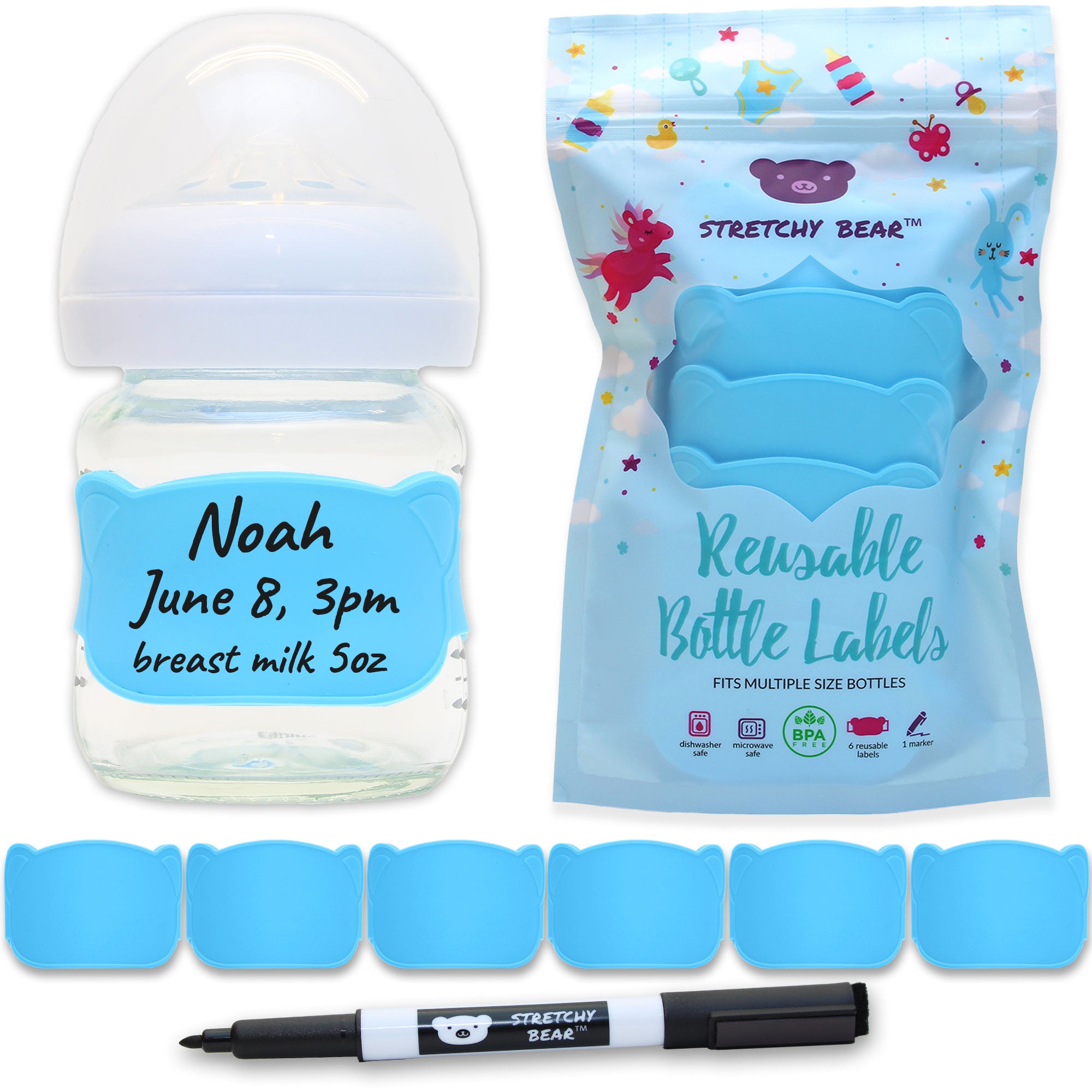 Blue Stretchy Bear Reusable Baby Bottle Labels | 6 Pieces and Dry Erase Marker