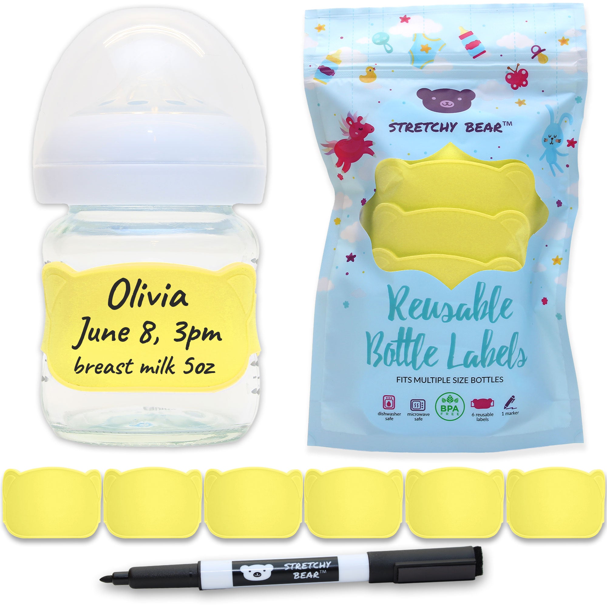 Yellow Stretchy Bear Reusable Baby Bottle Labels | 6 Pieces and Dry Erase Marker