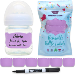 Purple Stretchy Bear Reusable Baby Bottle Labels | 6 Pieces and Dry Erase Marker