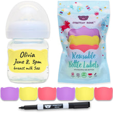 Pink/Purple/Yellow Stretchy Bear Reusable Baby Bottle Labels | 6 Pieces and Dry Erase Marker