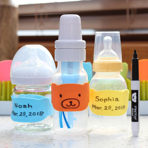 Blue/Green/Orange Stretchy Bear Reusable Baby Bottle Labels | 6 Pieces and Dry Erase Marker